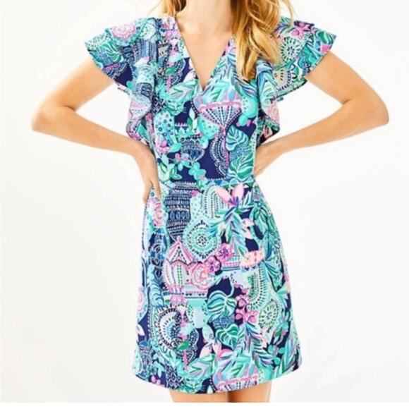 Lilly Pulitzer | Kathie Dress Lookin Sharp Flutter Sleeves V-neck Blue Size 0 - Picture 2 of 8